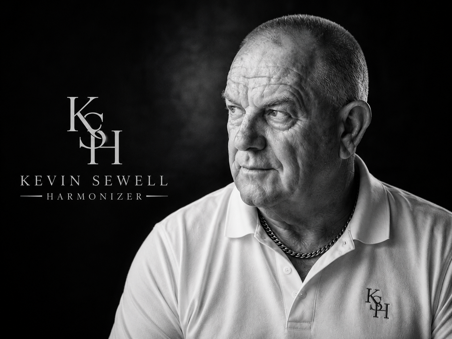Reflective black and white portrait of Kevin Sewell with the KSH identity