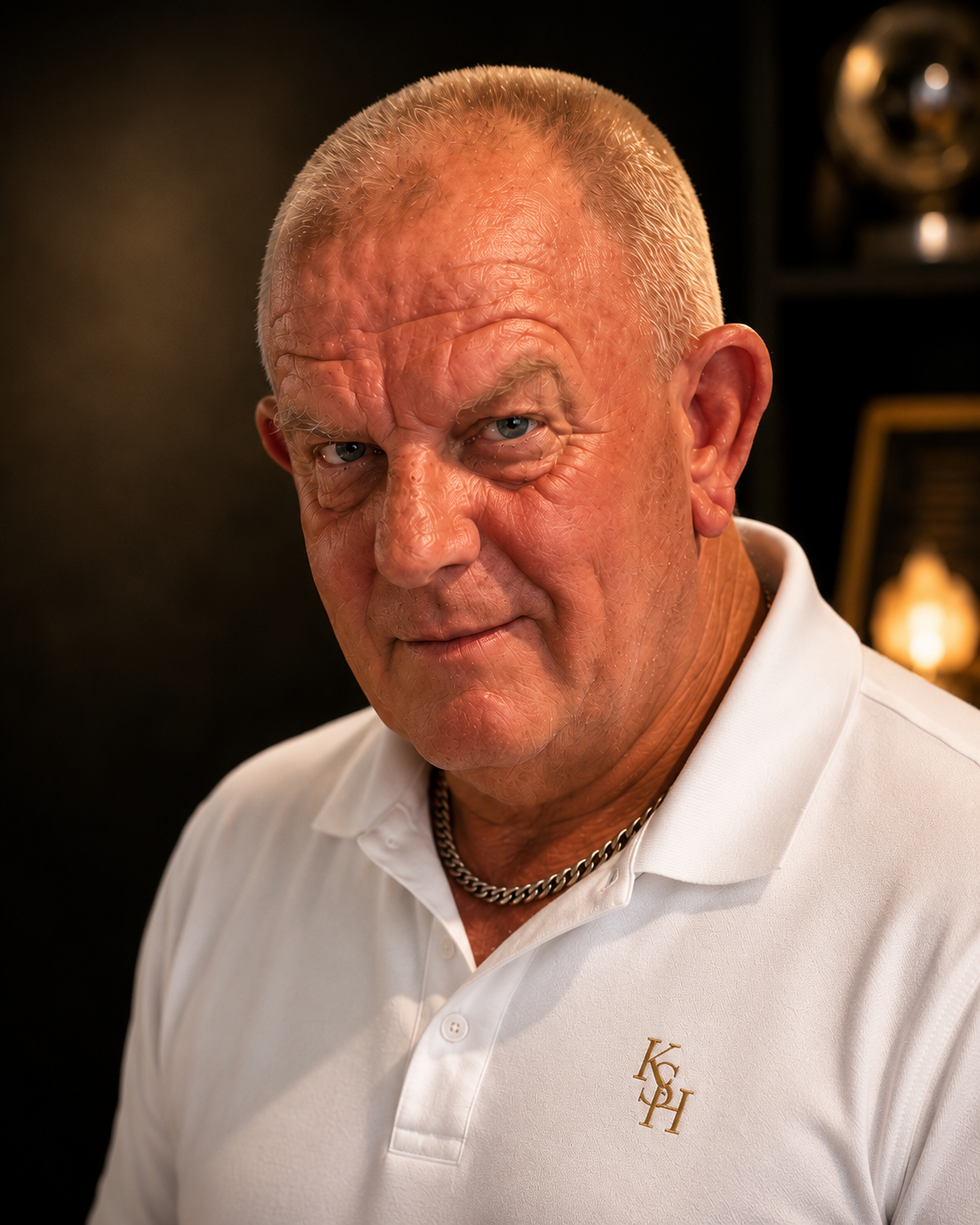 Close editorial portrait of Kevin Sewell wearing a white KSH polo shirt